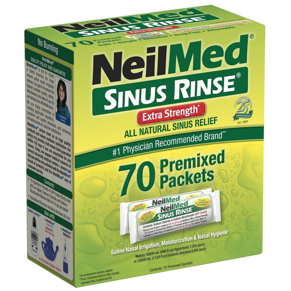 Box of NeilMed Sinus Rinse Extra Strength Premixed Packets on a white background