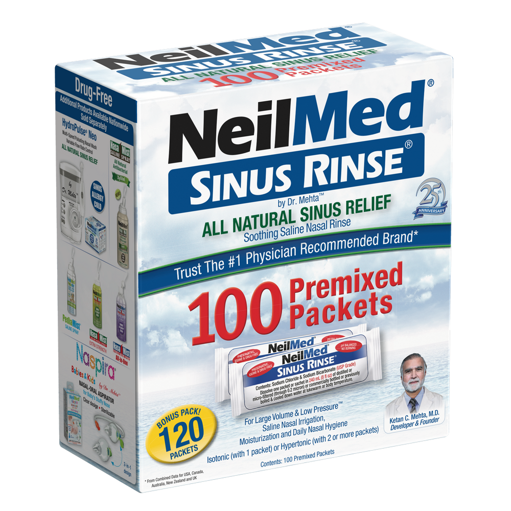 Box of NeilMed Sinus Rinse Premixed Packets on a white background