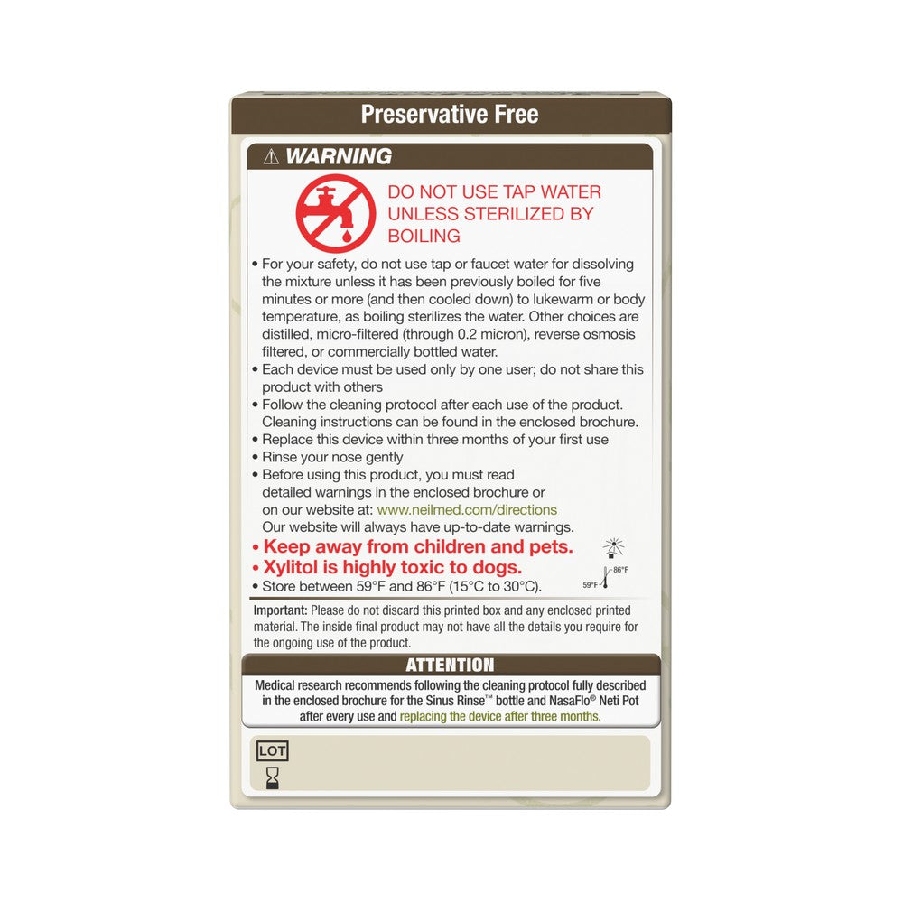 A rectangular Preservative Free warning label with a white background, black text, and red warning icons, shown against a light gray background.