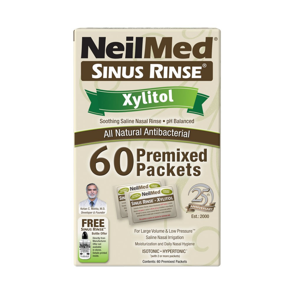 NeilMed Sinus Rinse Xylitol 60 Premixed Packets box, featuring a beige and brown design with a green banner, photographed on a clean white background.