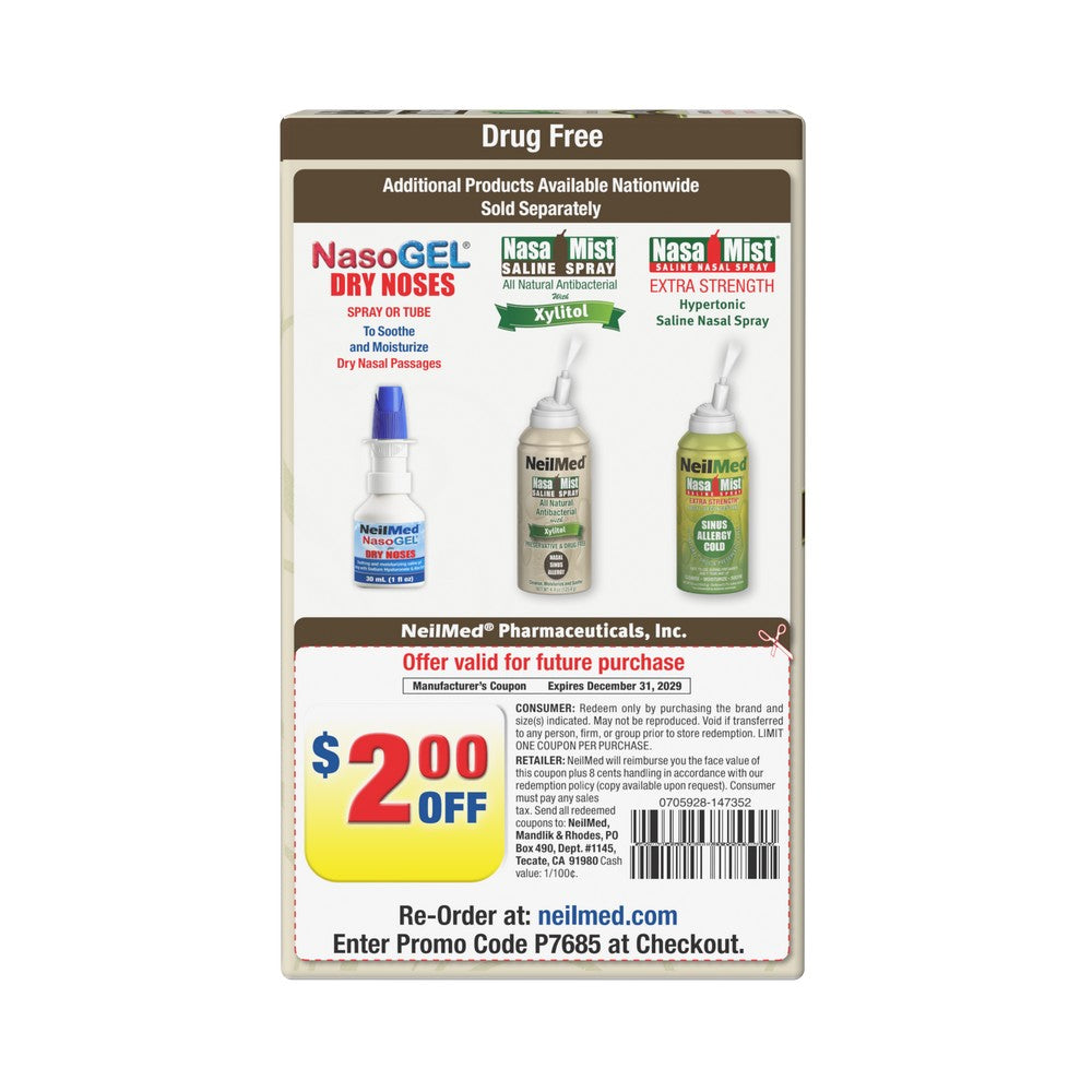 A retail coupon card for NeilMed Pharmaceuticals, Inc., featuring NasoGel Dry Noles, NasoMist Saline Spray, and NasoMist Extra Strength Saline Nasal Spray, with a $2.