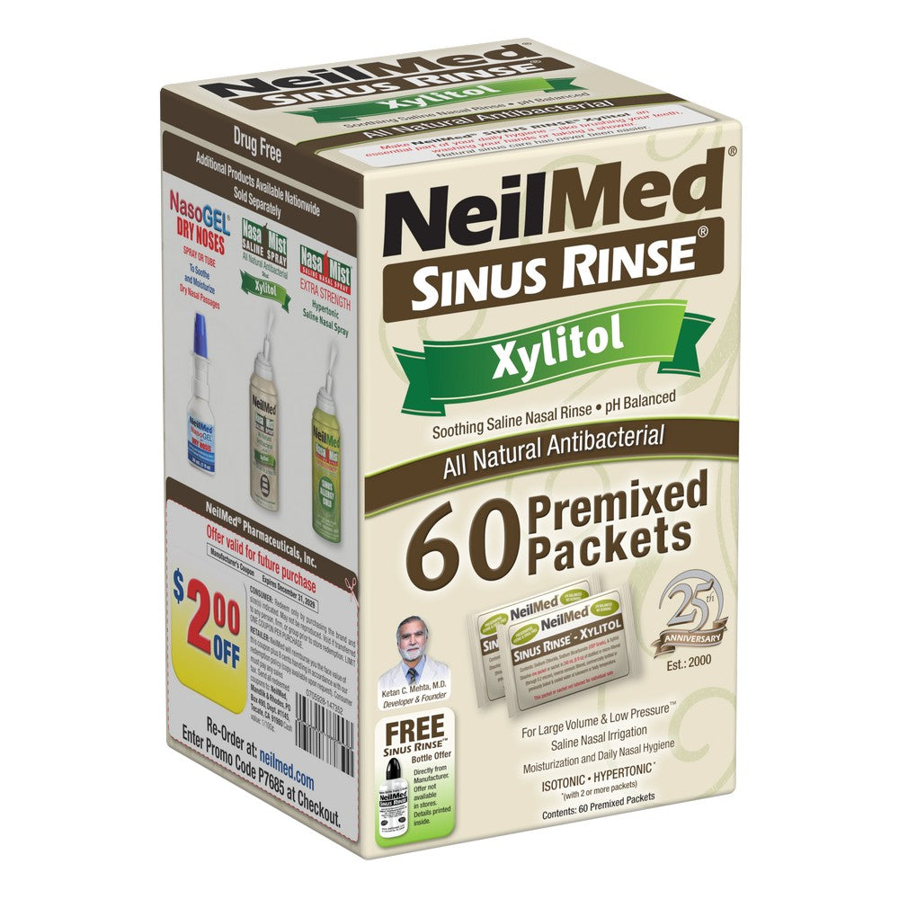 NeilMed Sinus Rinse Xylitol 60 pack box, featuring a beige and brown design with green accents, on a white background.