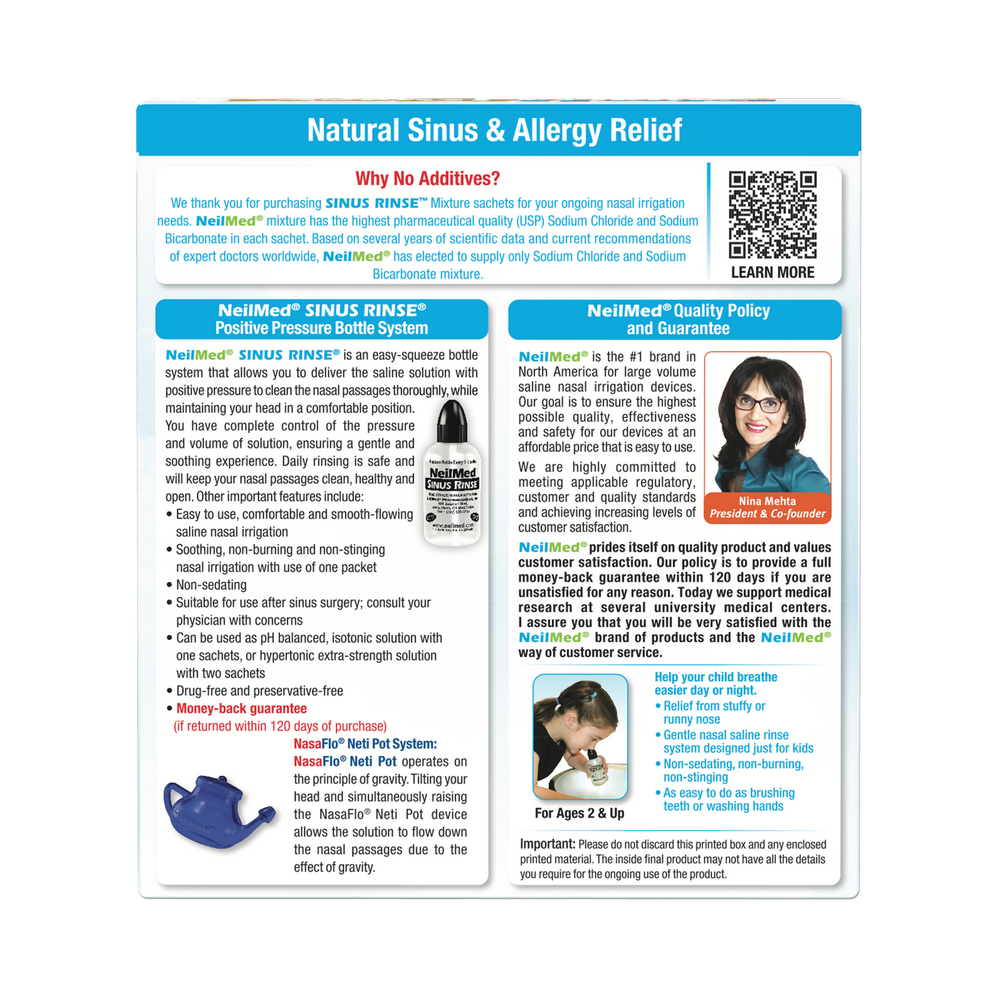 Product packaging for NeilMed Sinus Rinse with text and images on a white background
