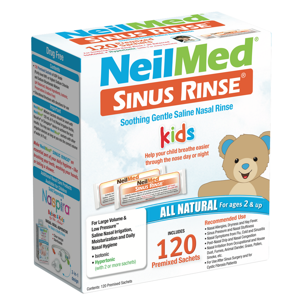 NeilMed Sinus Rinse packaging for kids with a teddy bear illustration on a white background