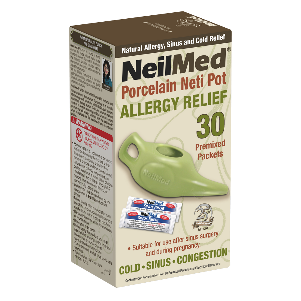 NasaFlo 8oz Porcelain Neti Pot with 30 Premixed Packets