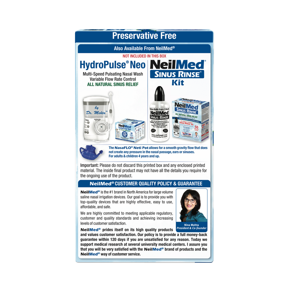 NeilMed NasaFlo Neti Pot side box view with advertisement for HydroPulse Neo