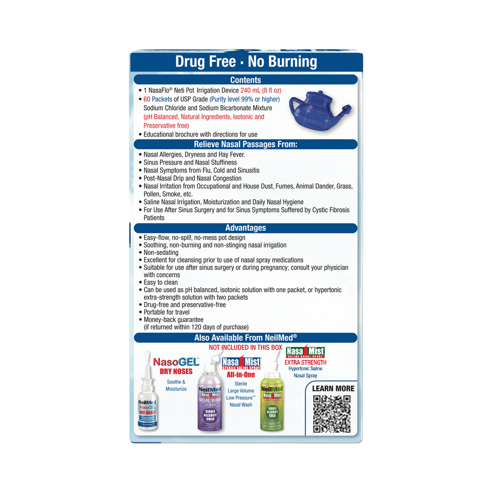 NeilMed NasaFlo Neti Pot side box with information
