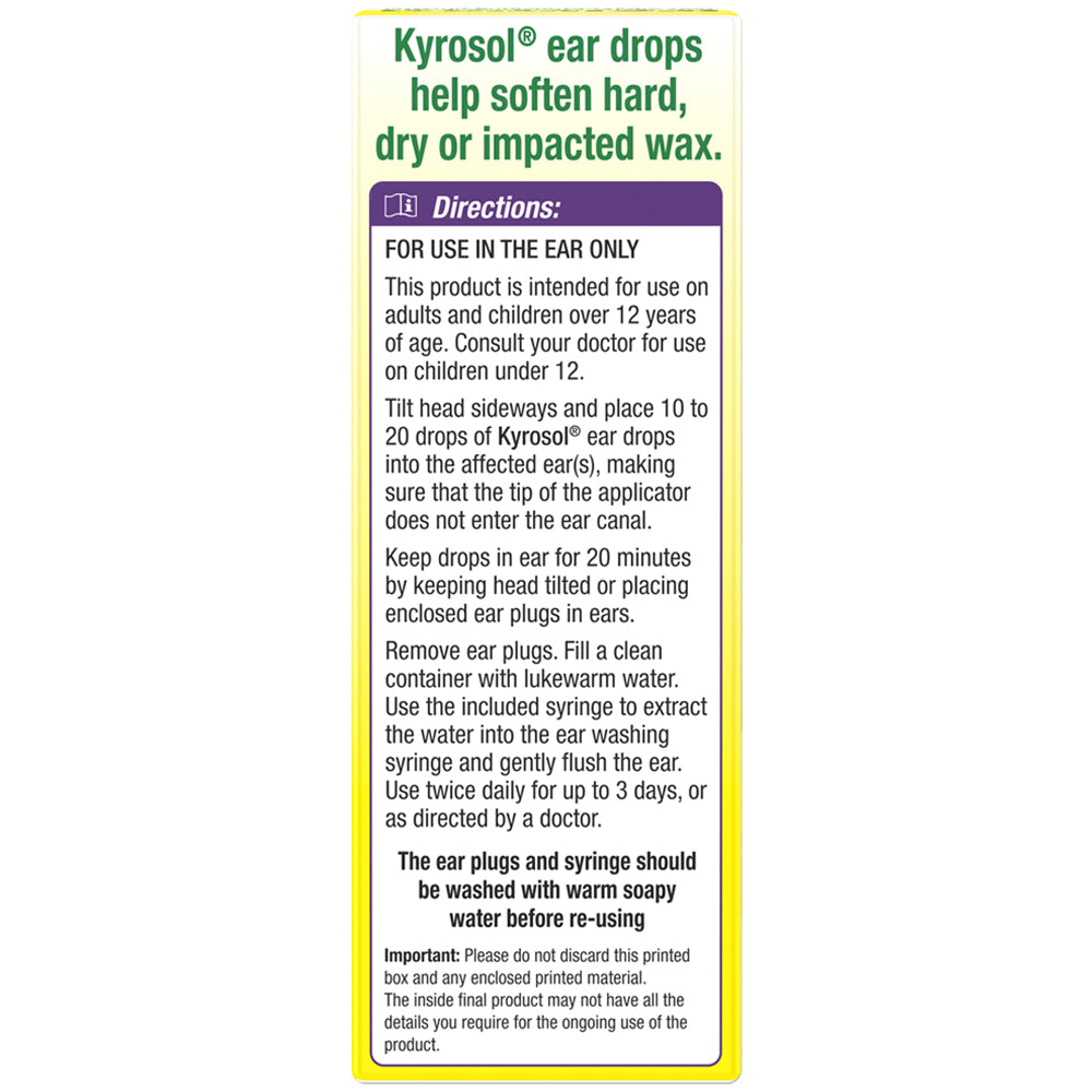 Kyrosol ear drops packaging with directions and usage information.