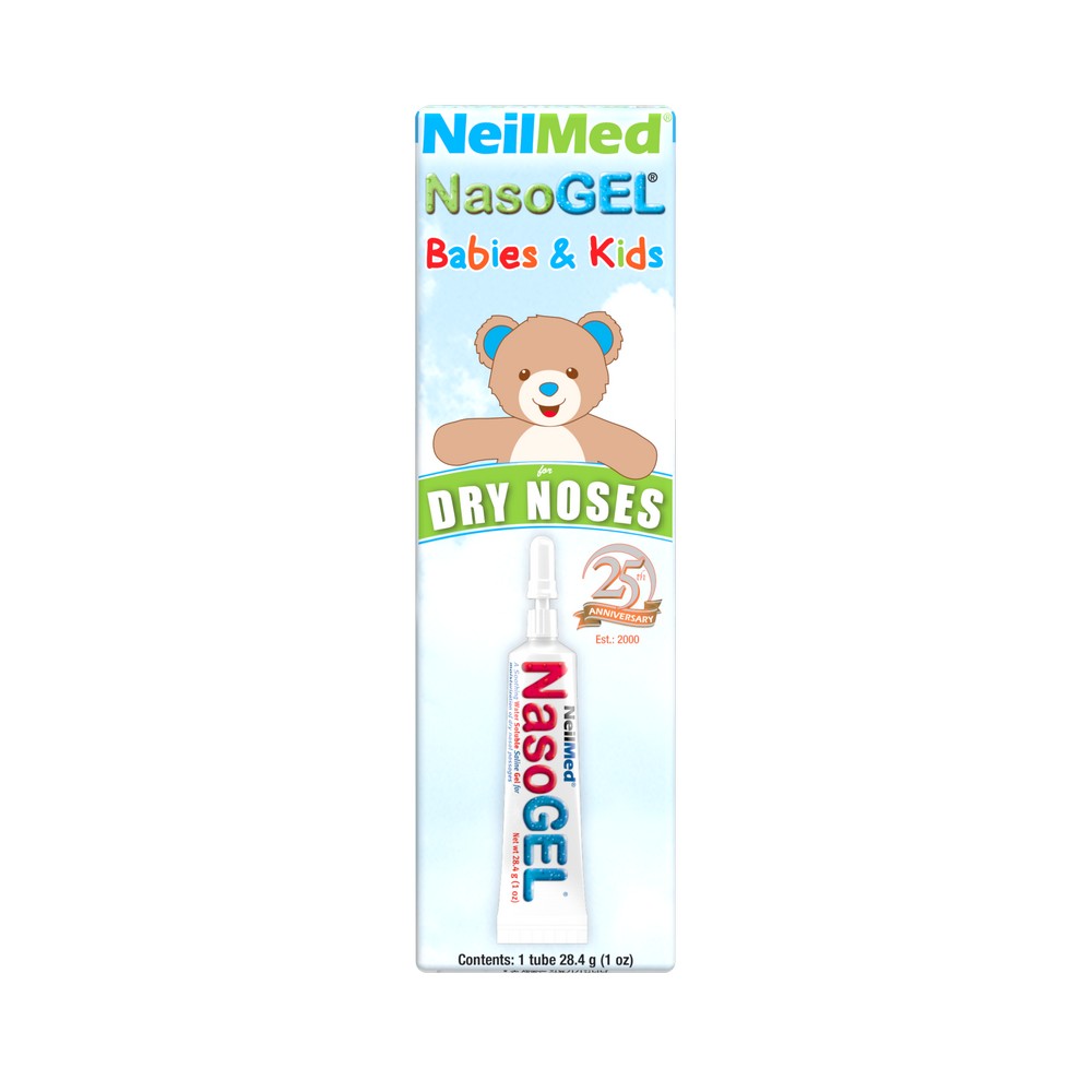 NeilMed NasoGEL packaging for babies and kids with a teddy bear illustration on a white background.