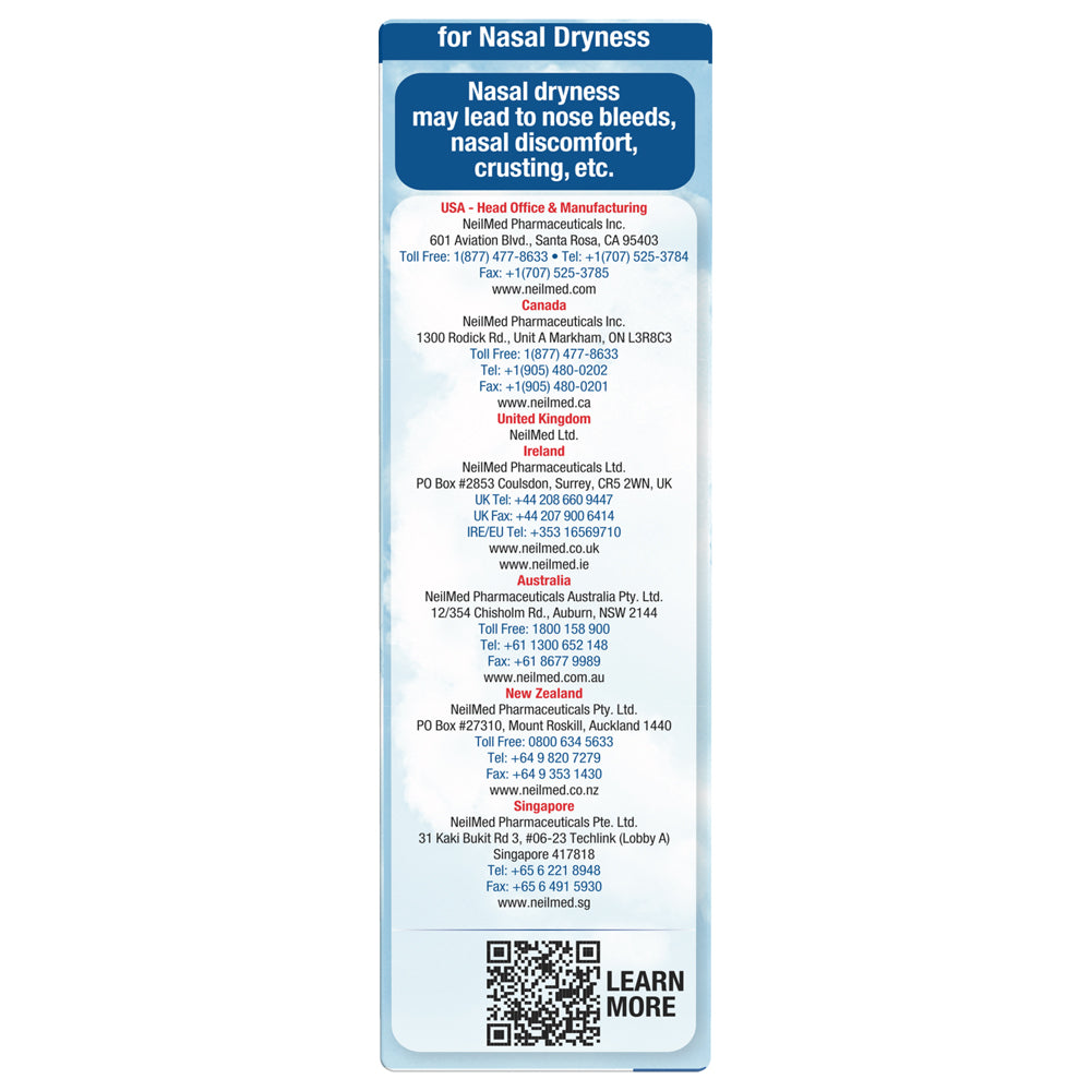 Product label for nasal dryness with contact information and QR code on a blue background