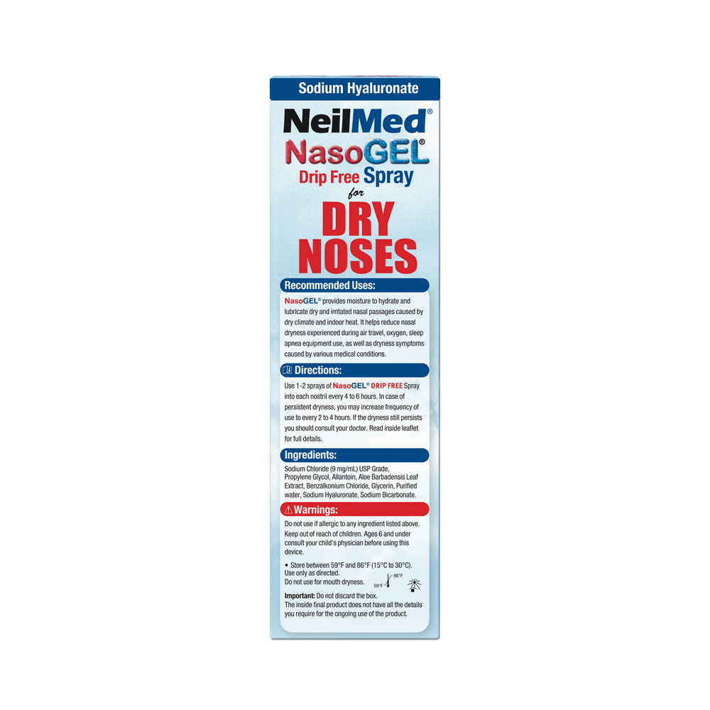 NeilMed NasoGEL Drip Free Spray packaging for dry noses on a white background
