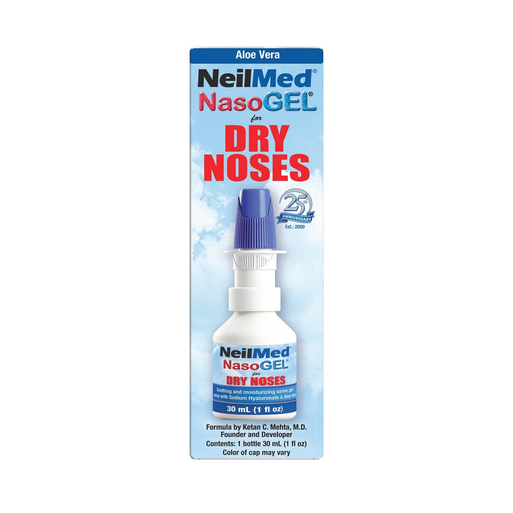 NeilMed NasoGEL for Dry Nose in Aloe Vera packaging, featuring a white and blue bottle with a blue cap on a white and blue box.