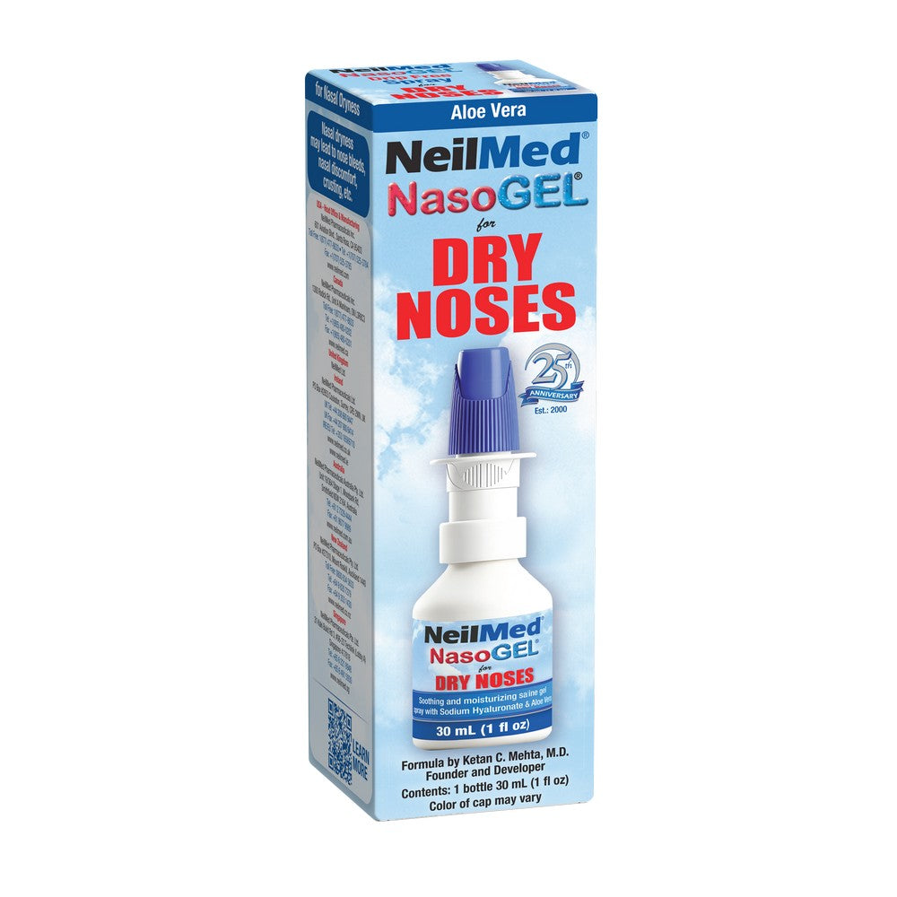 NeilMed NasoGEL for Dry Noses in a light blue and white box with a depiction of the white bottle with a blue cap on the front.