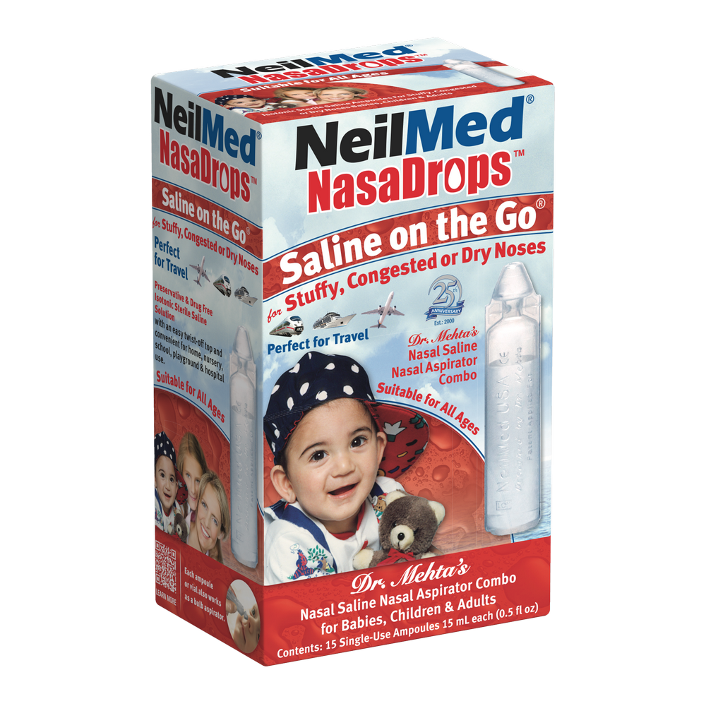 NeilMed NasaDrops Saline on the Go packaging with a child's face on the box.