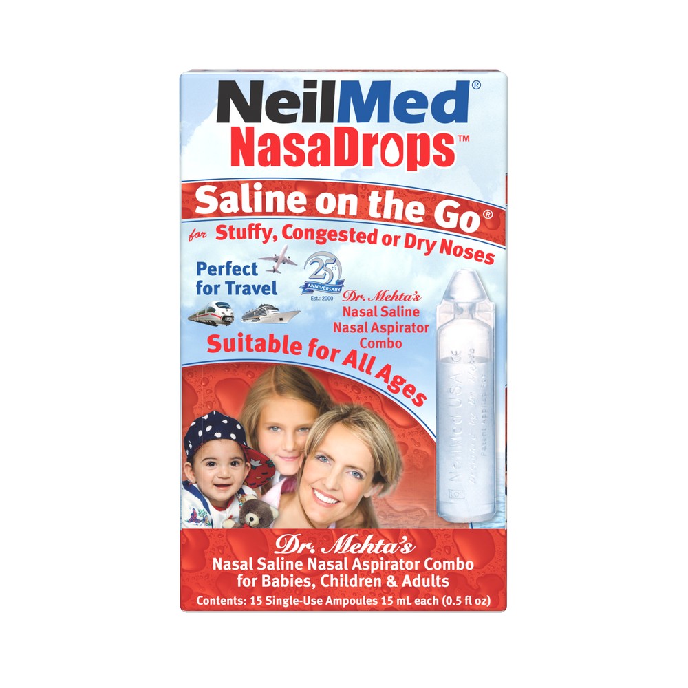 NeilMed NasaDrops Saline on the Go packaging with a woman and two children on a white background