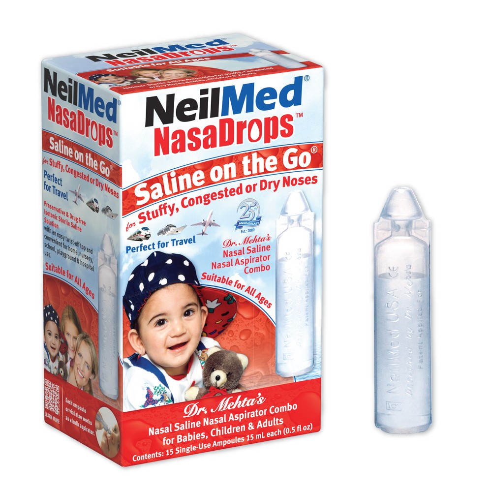NeilMed NasaDrops nasal saline product packaging with a clear nasal saline bottle on a white background.