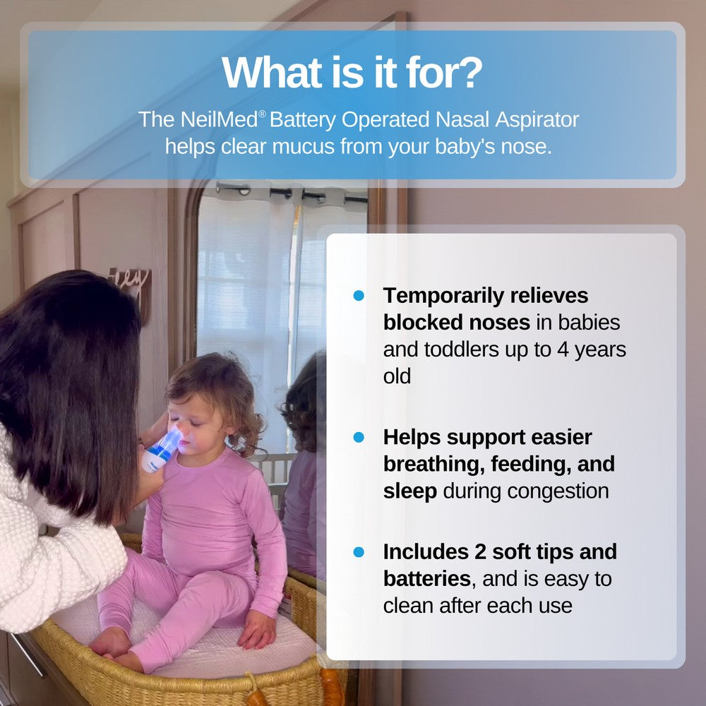 Woman using a NeilMed battery-operated nasal aspirator on a child, with product features displayed.