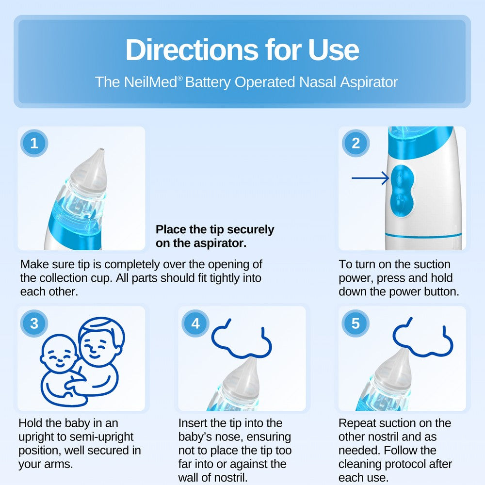 Directions for use of The NeilMed Battery Operated Nasal Aspirator on a blue background