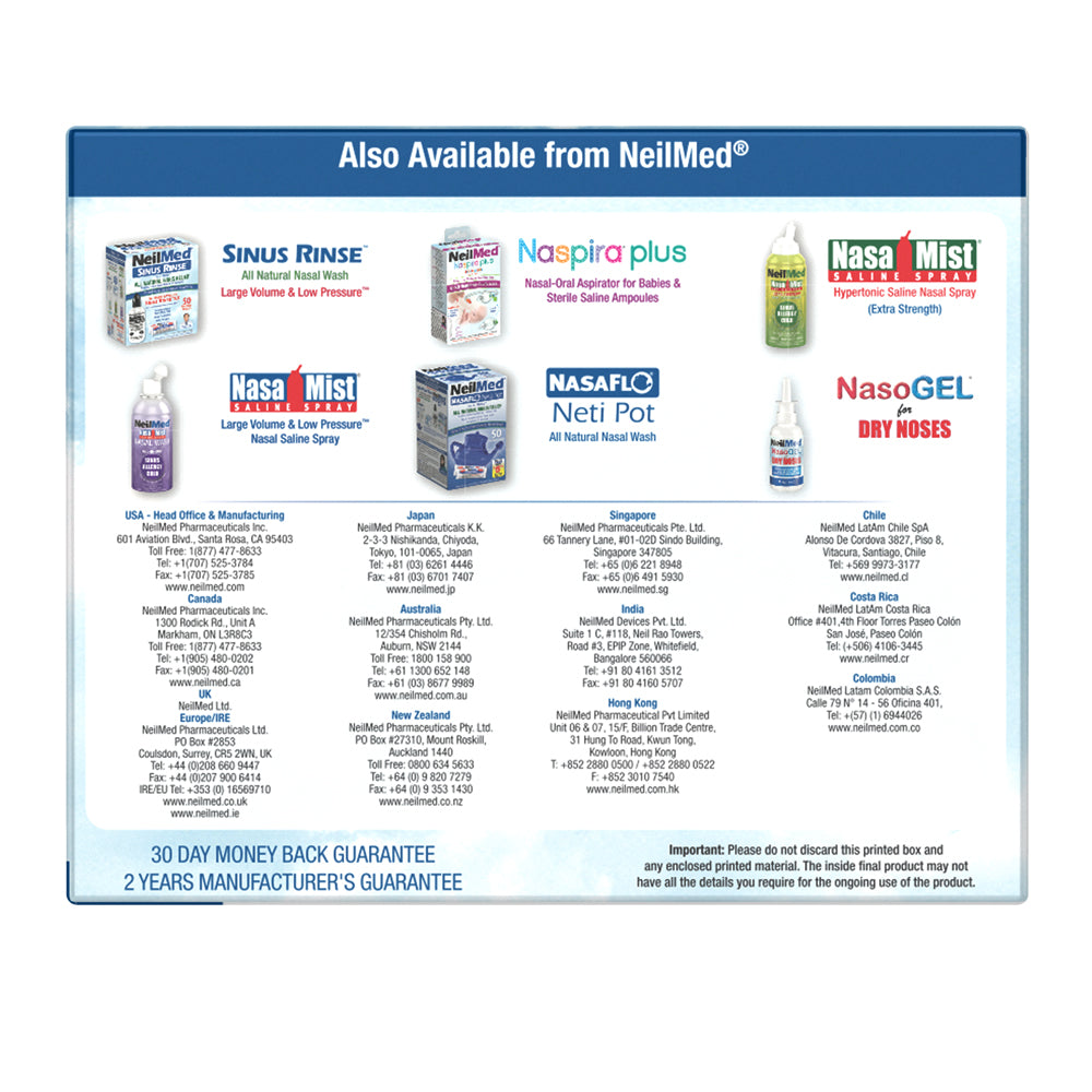 Promotional flyer for NeilMed products including Nasal Rinse, NasaPirra plus, NasaMist, Nasal Mist, Neti Pot, and NasoGEL.