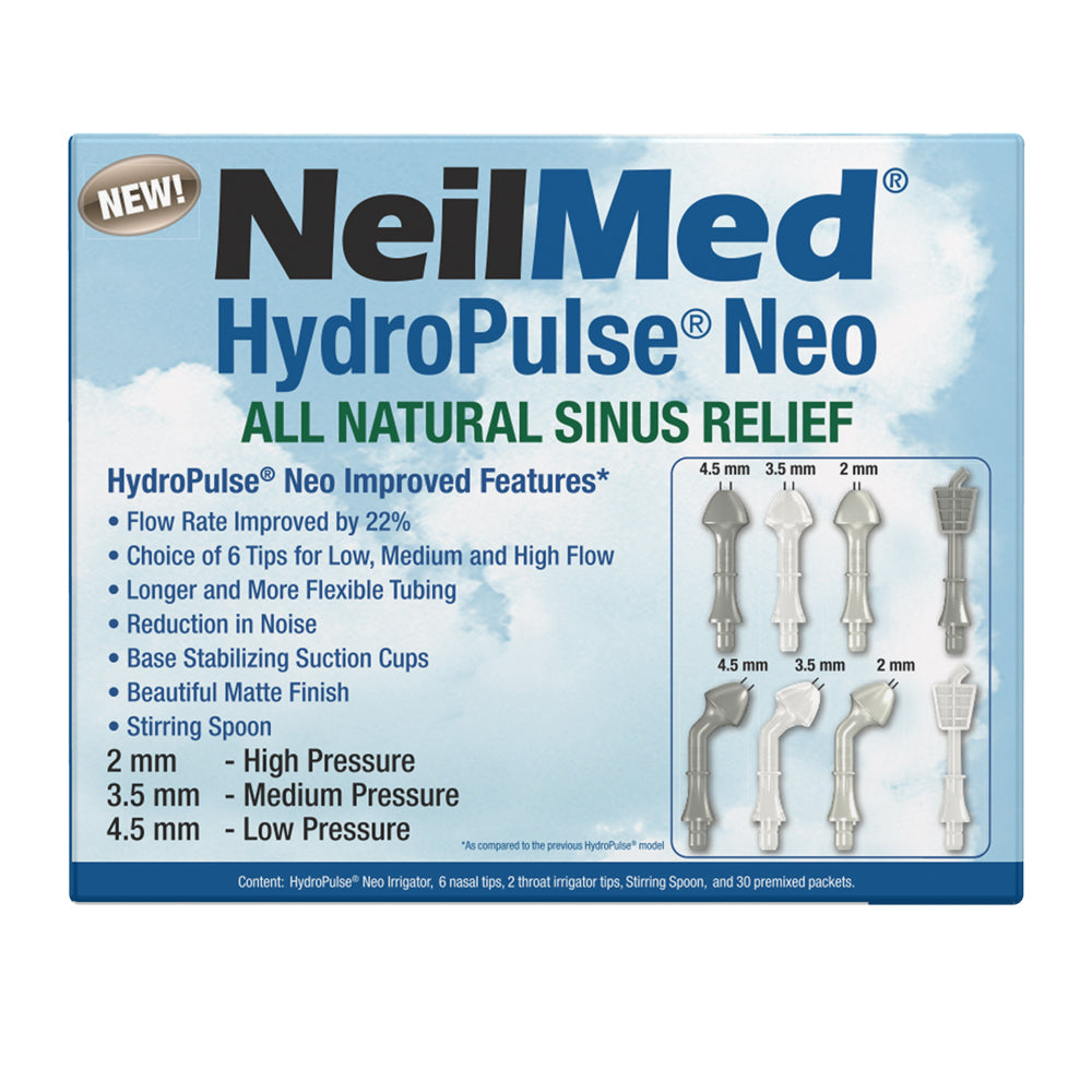 NeilMed HydroPulse Neo sinus relief product packaging with features listed.