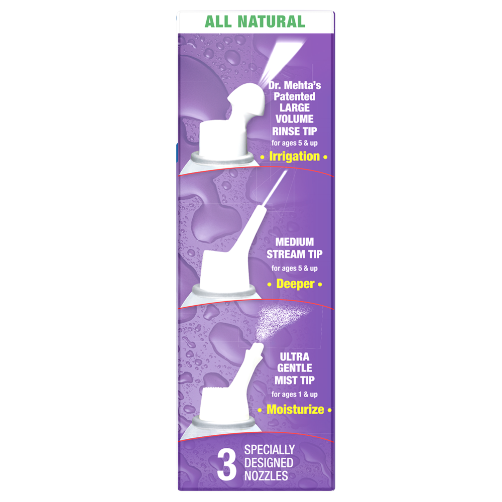 Purple packaging with white nozzles and text on a white background