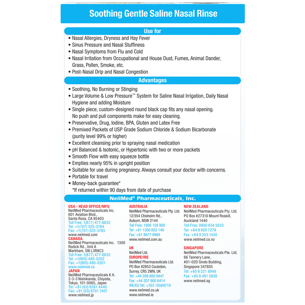 Product information sheet for Soothing Gentle Saline Nasal Rinse with text and branding details.