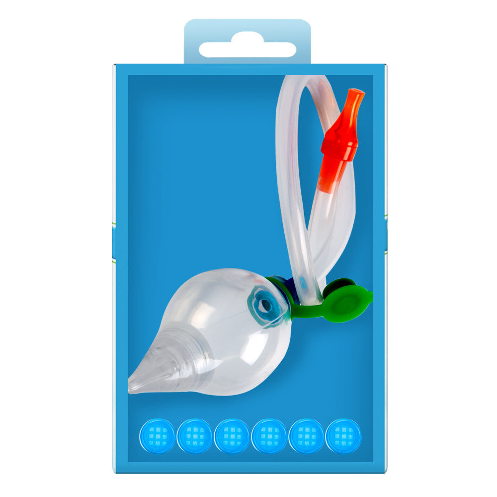 Clear bulb shaped object with red and green accents on a blue packaging background