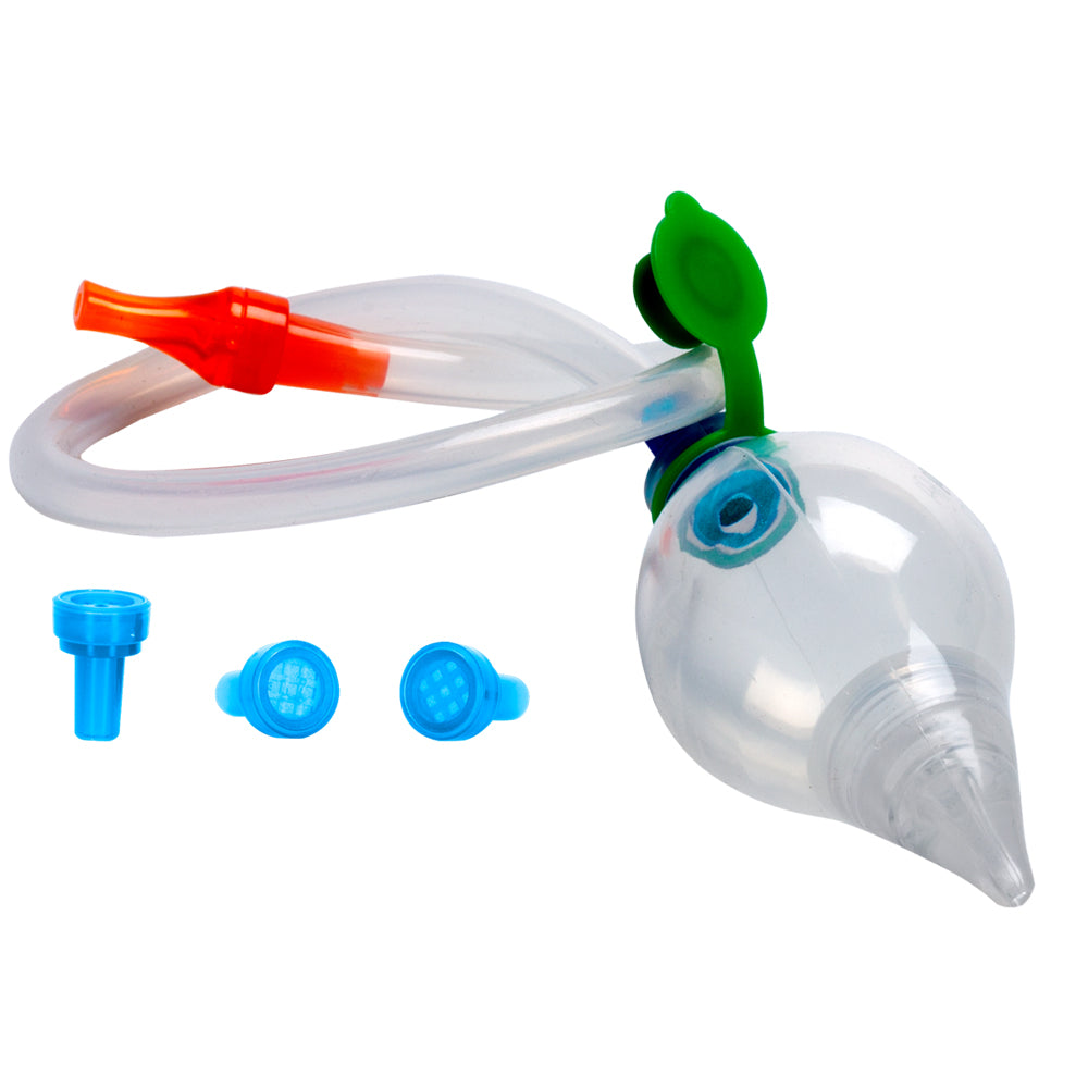 Clear plastic nebulizer with red valve and green top on a white background