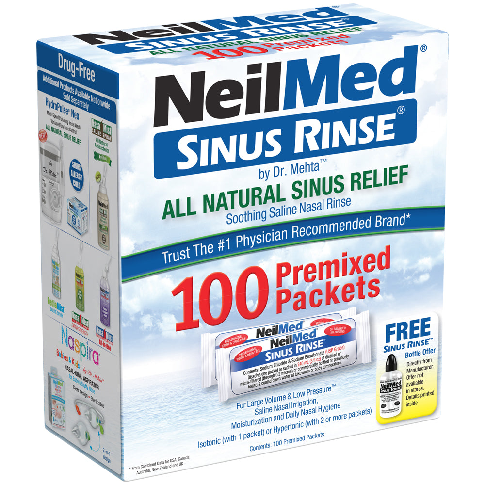 Box of NeilMed Sinus Rinse with promotional text on a white background