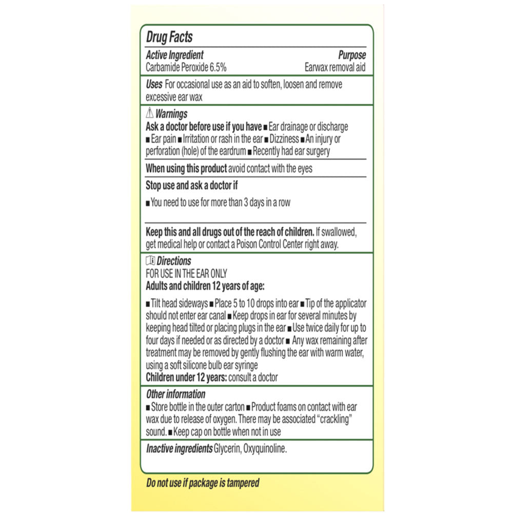 Earwax removal product label with directions and warnings on a white background