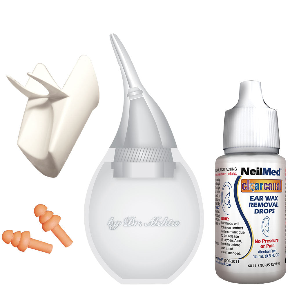 Ear cleaning tools including a syringe, earplugs, and a bottle of NeilMed ear wax removal drops on a white background.