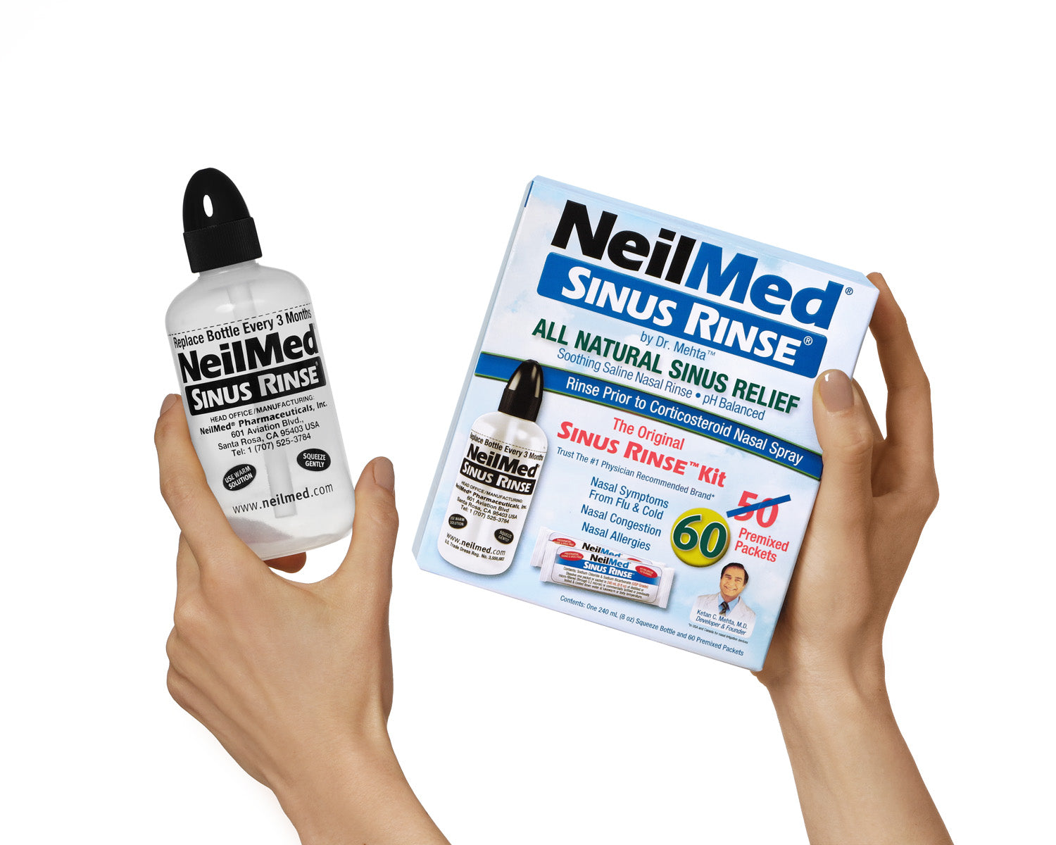 NeilMed Sinus Rinse bottle and packaging held by hands on a white background