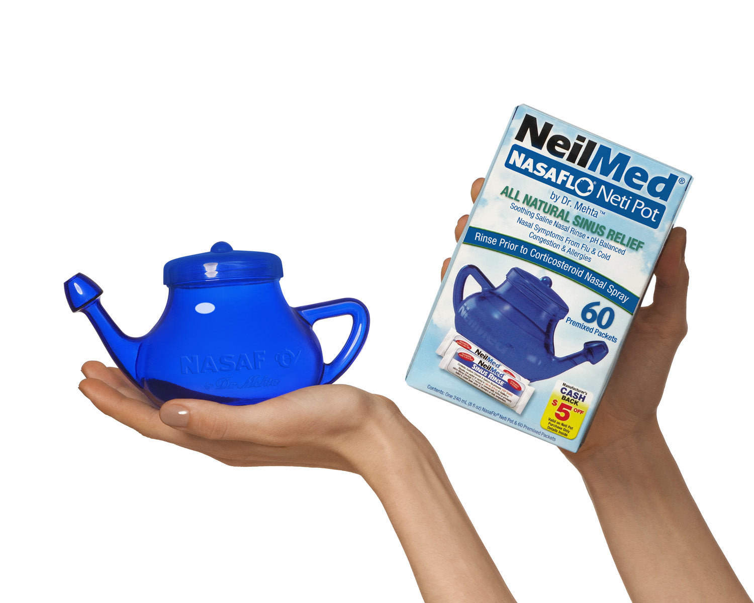 Blue neti pot and its packaging held in hands against a white background