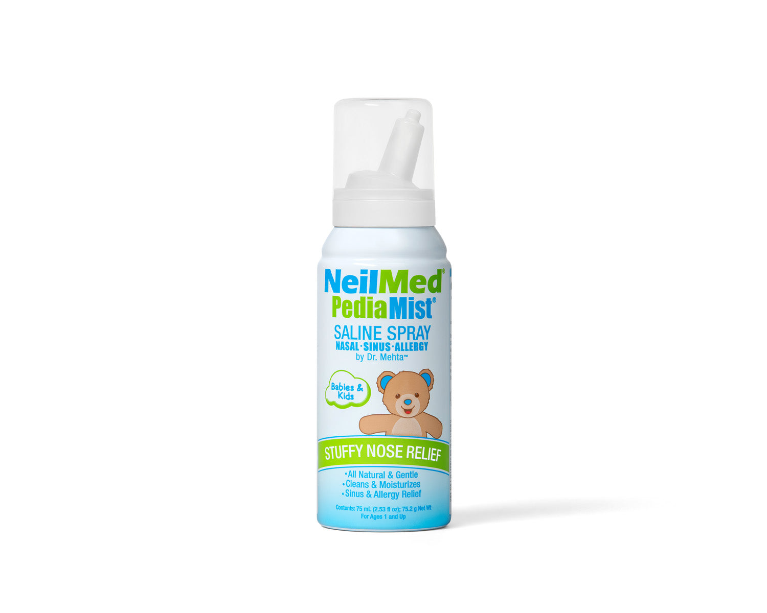 NeilMed PediaMist saline spray for stuffy nose relief on a white background