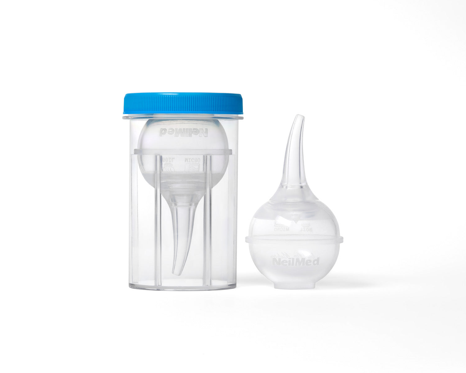 Clear nasal aspirator with blue cap on a white background