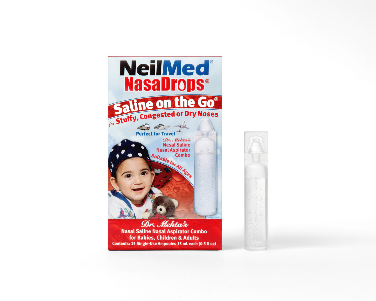 NeilMed Nasadrops packaging with a child and dog illustration on a white background