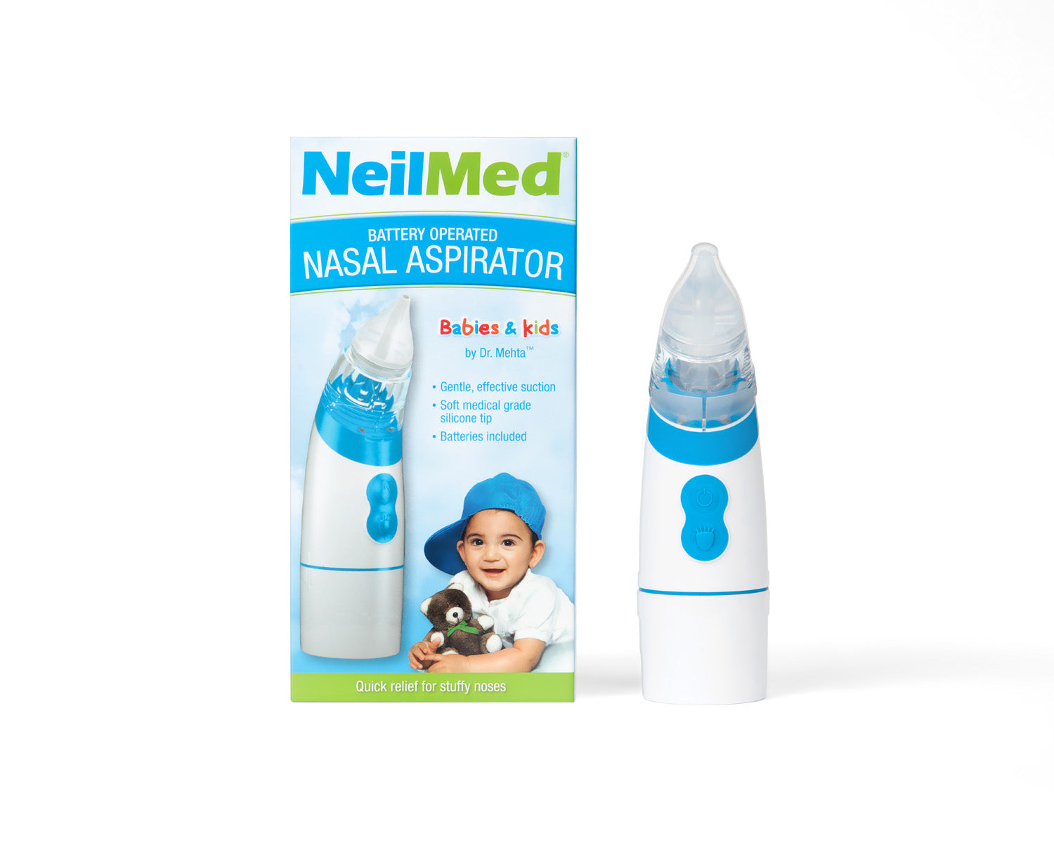 NeilMed nasal aspirator packaging with a child holding a teddy bear on a white background