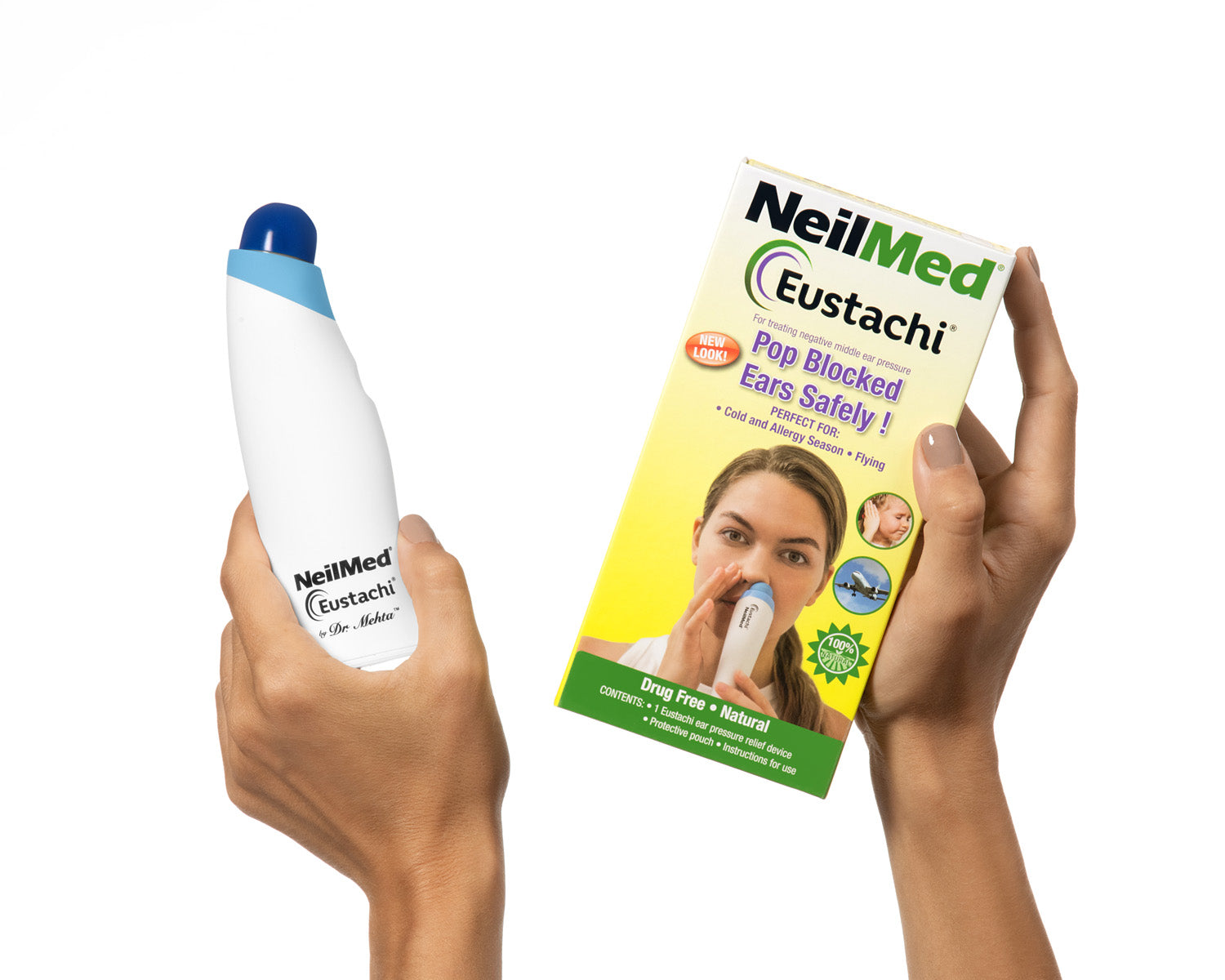 Hand holding NeilMed Eustachi device and packaging on a white background