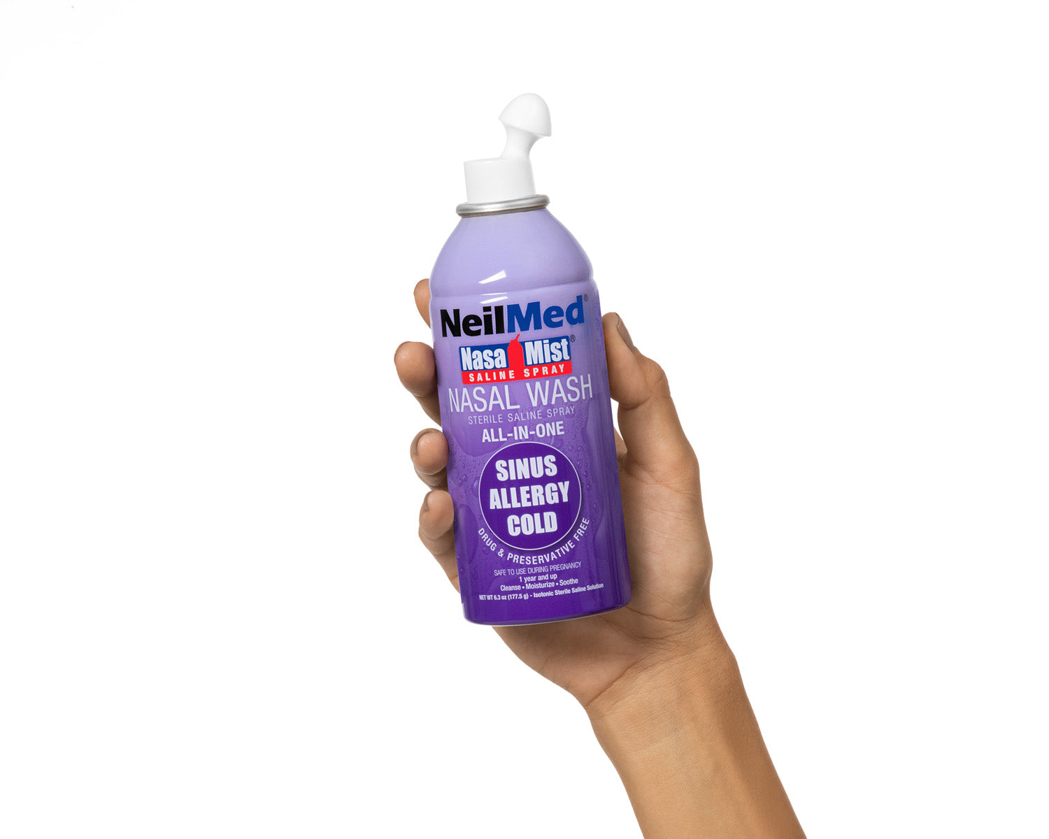 Hand holding a purple bottle of NeilMed Nasal Wash on a white background