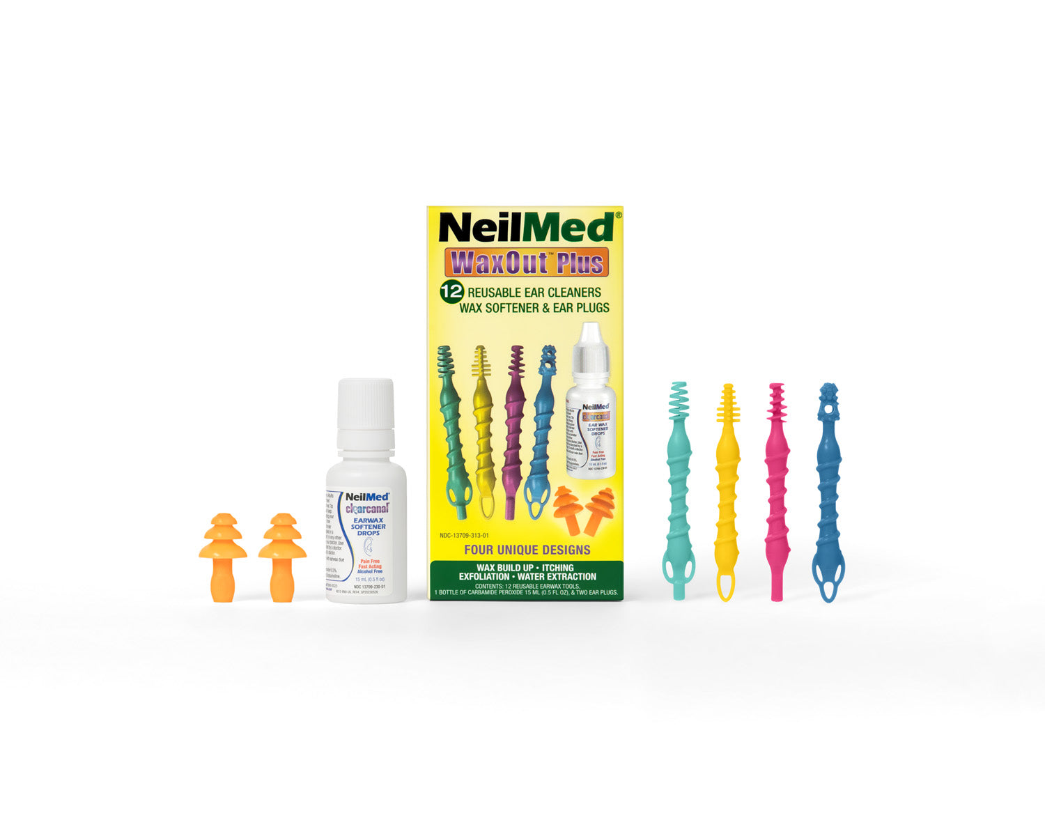 NeilMed WaxOut Plus ear cleaning kit with packaging, bottle, and ear cleaners on a white background