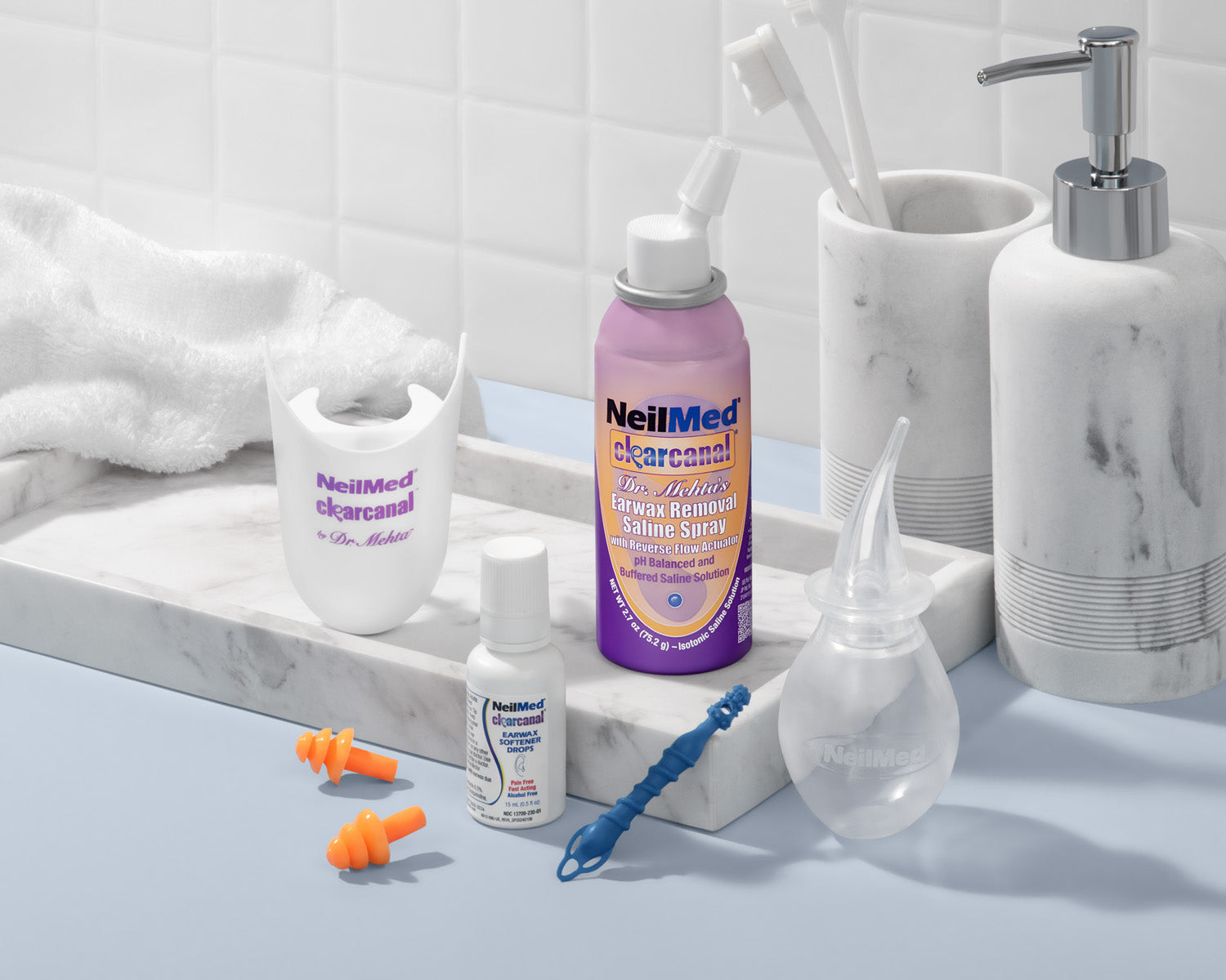 Clearcanal eary cleaning system all parts sitting on bathroom counter