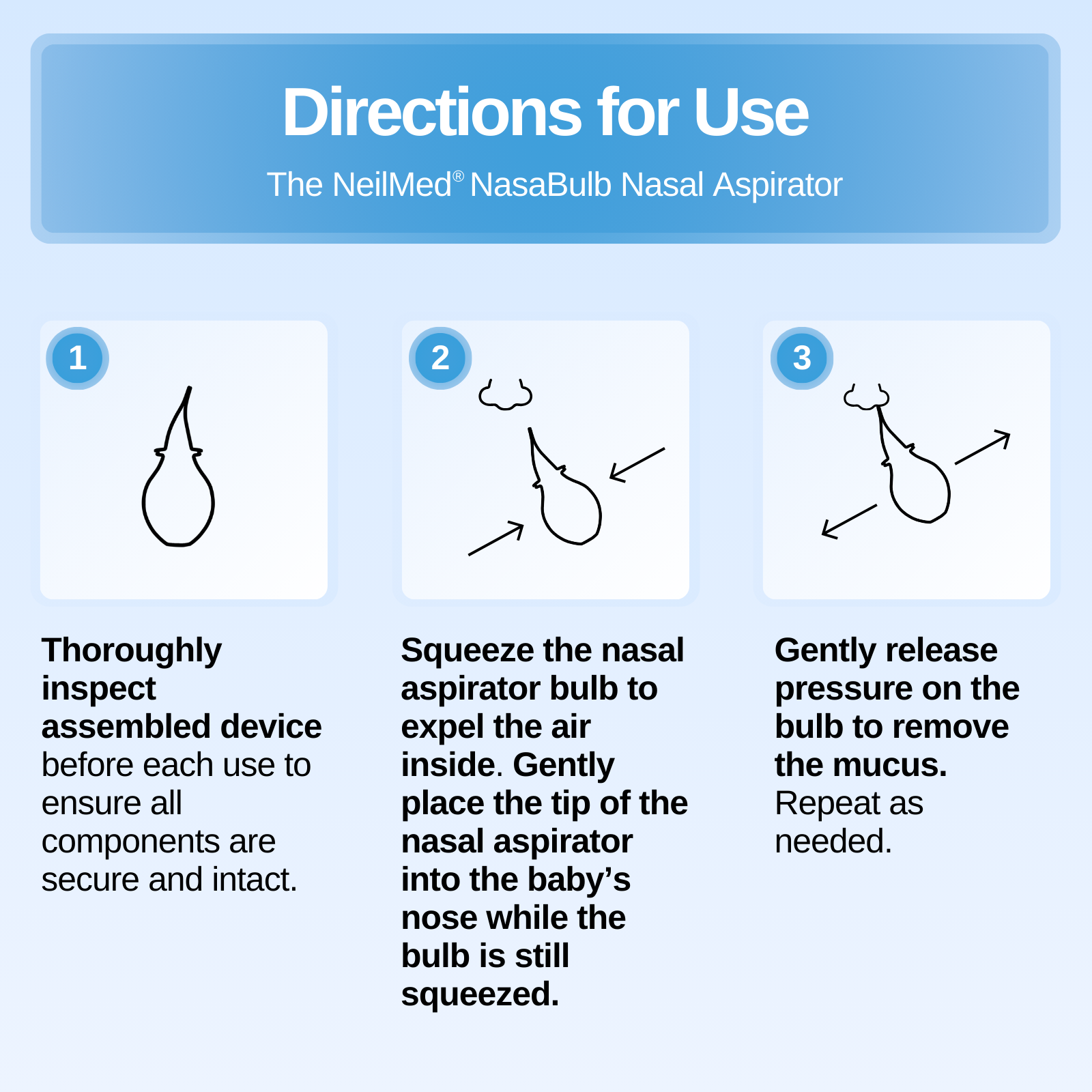 Directions for use of The NeilMed NasaBulb Nasal Aspirator on a blue background