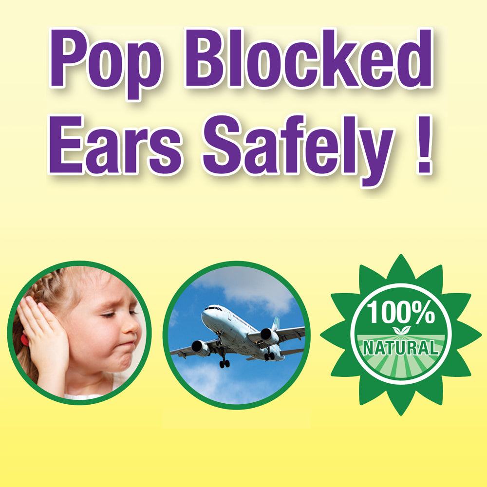 Advertisement for ear blockage relief with airplane icon and natural product label on a yellow background.