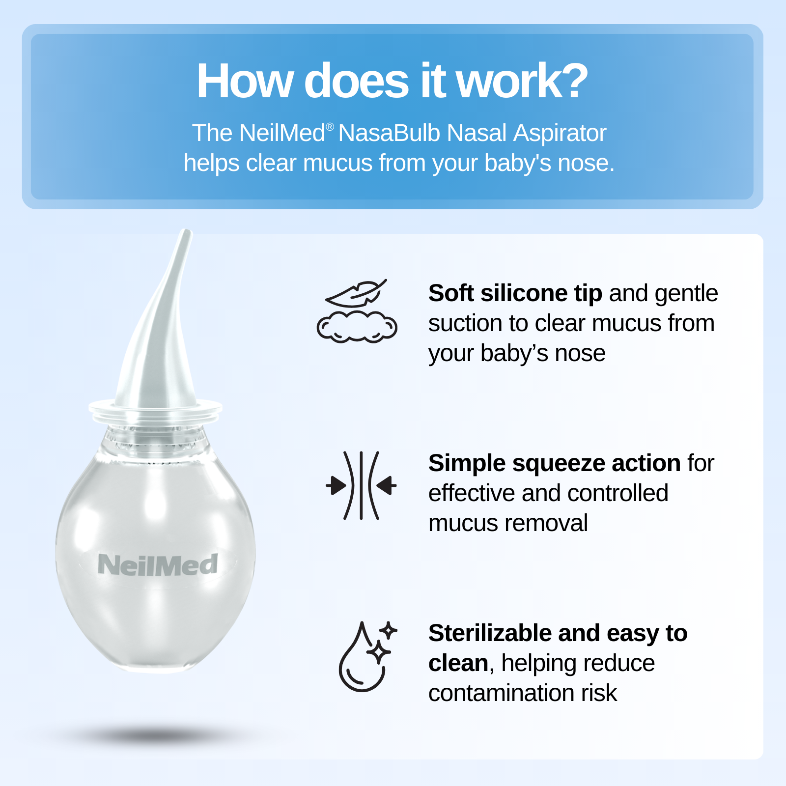 NeilMed NasaBulb Nasal Aspirator with features listed on a light blue background