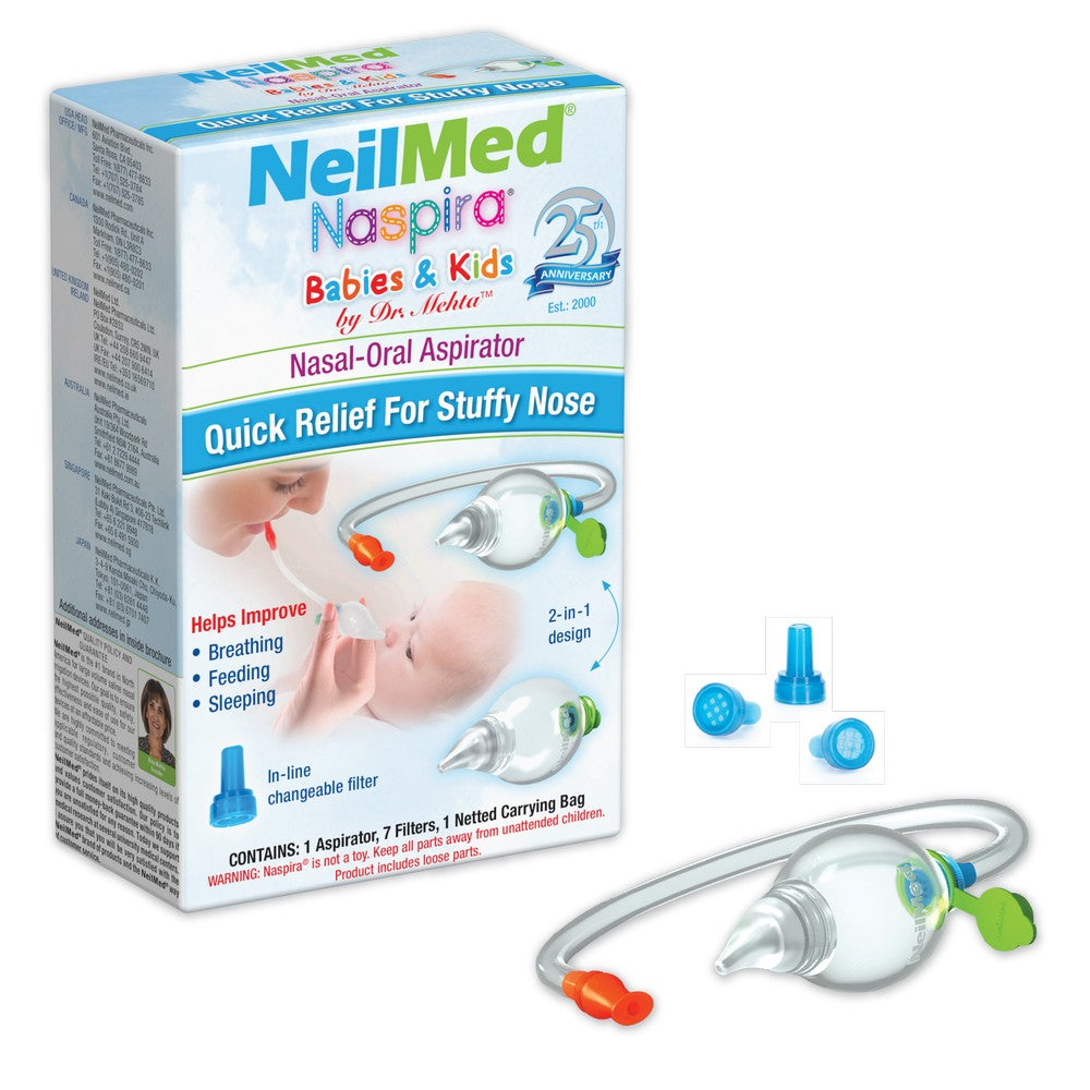 NeilMed Naspira Babies & Kids nasal aspirator packaging with nasal aspirator device on a white background