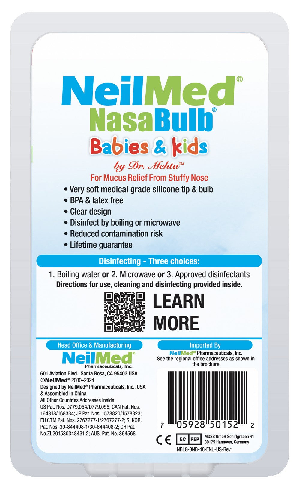 NeilMed NasaBulb packaging for babies and kids with text and branding.