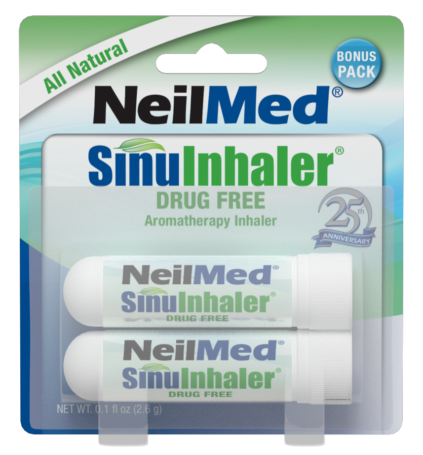 NeilMed SinuInhaler packaging with two inhalers inside a clear plastic blister pack.