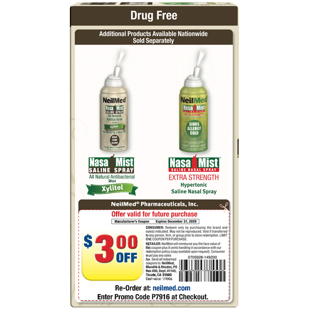 NeilMed NasaMist saline spray packaging with promotional offer on a white background