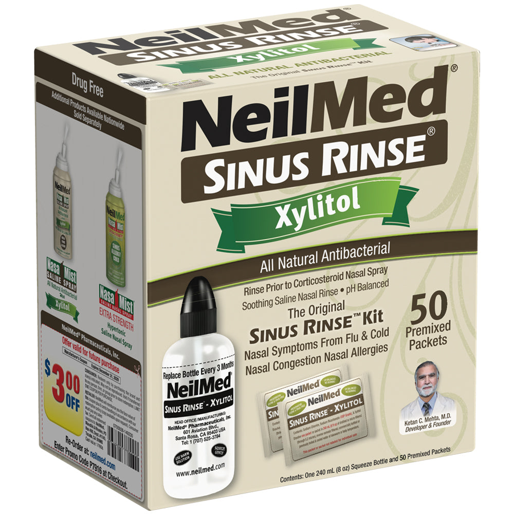 Packaging of NeilMed Sinus Rinse Xylitol kit with a black squeeze bottle and premixed packets.