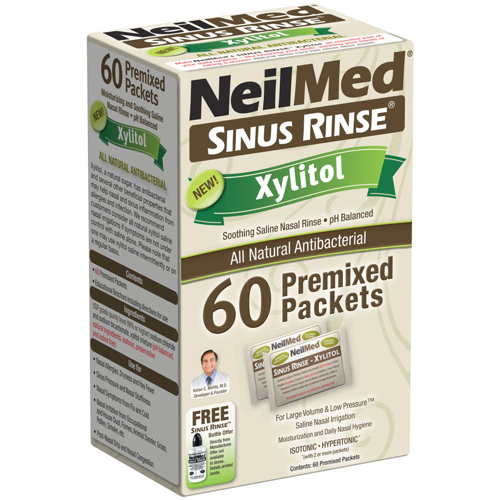 Box of NeilMed Sinus Rinse Xylitol Premixed Packets on a white background